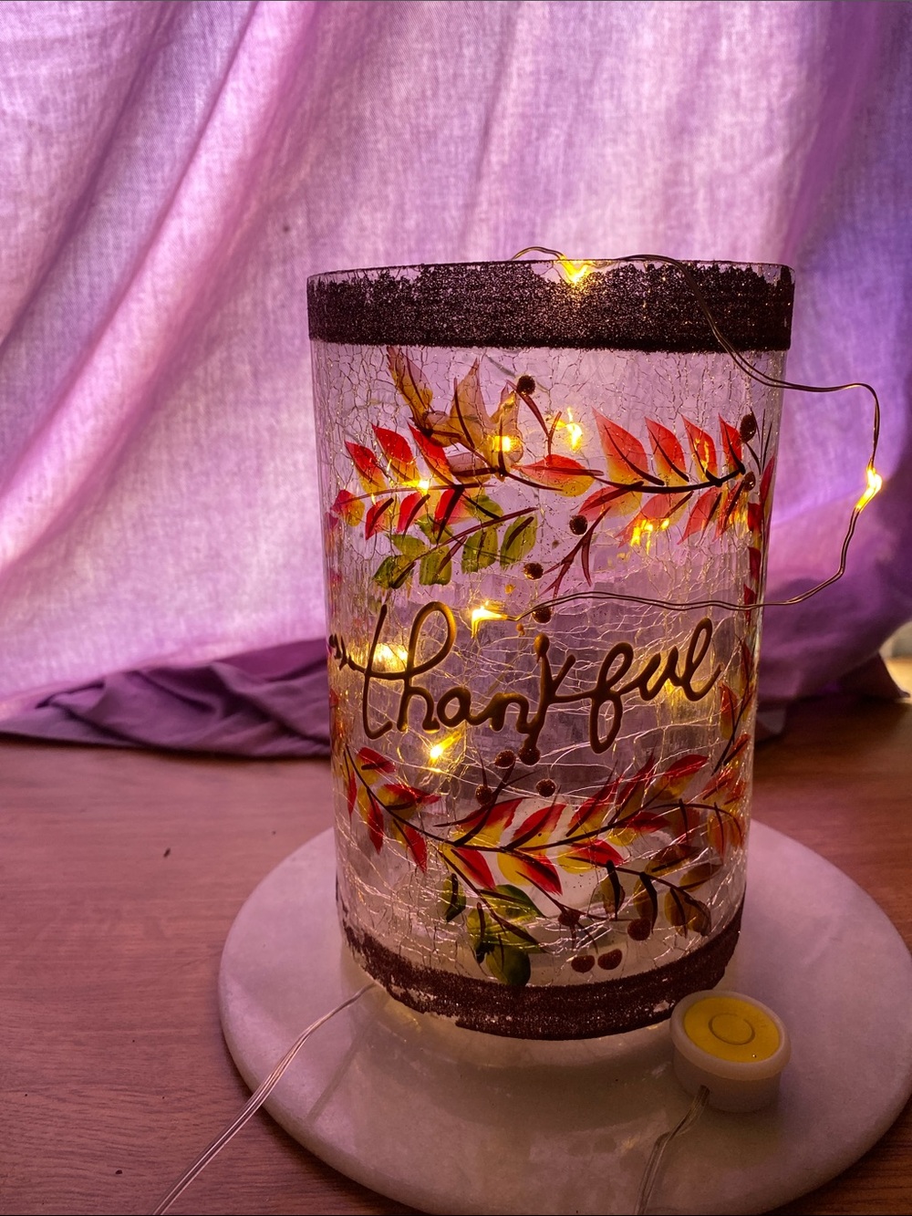 Heritage Home "Thankful" Hand-Painted Cracked Glass LED Hurricane 7.25" X 4.75"